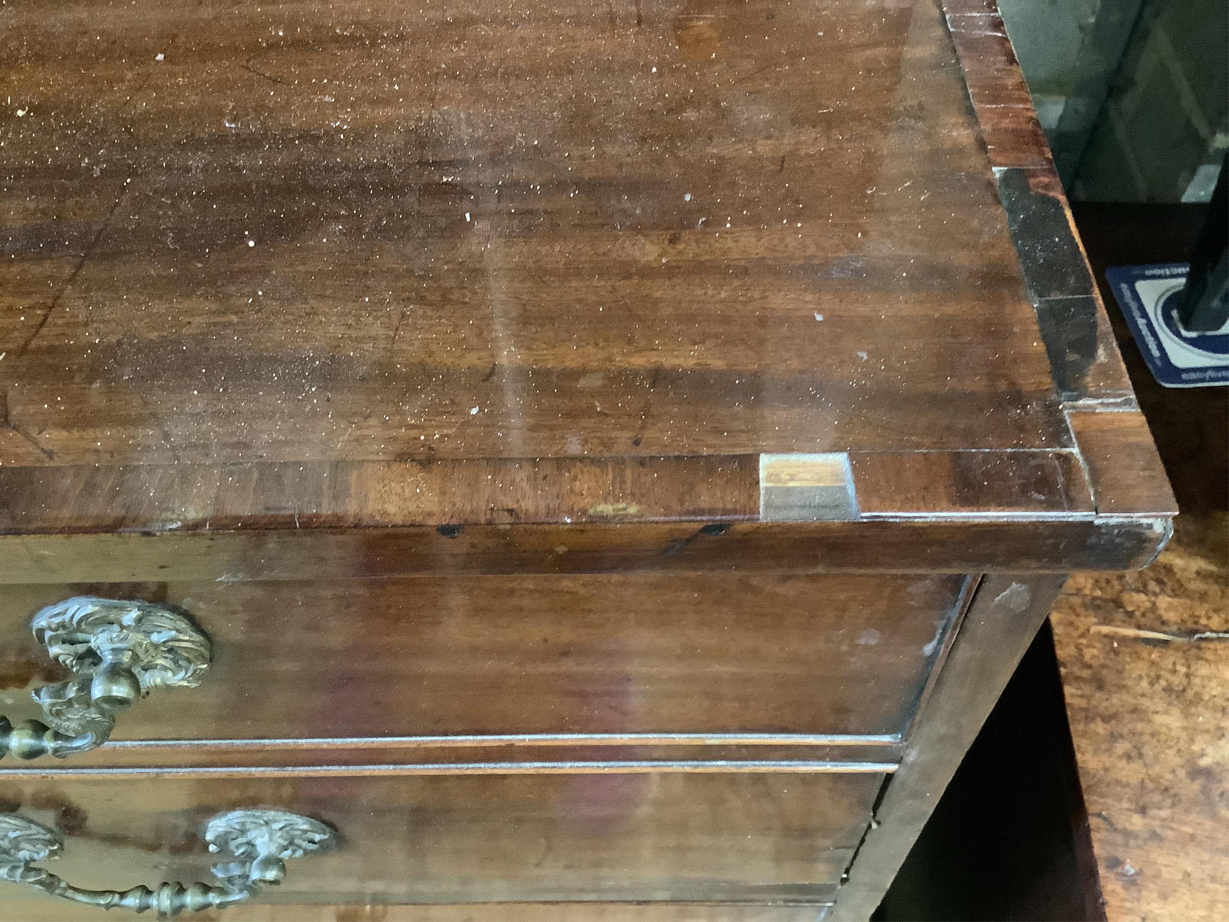 A George III mahogany secretaire chest, fitted with a later glazed two door bookcase, width 112cm, depth 56cm, height 247cm. Condition - poor